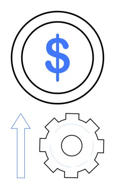 Çemberin içindeki dolar sembolü, yukarıyı gösteren ince ok ve teçhizat. İş, finans, üretkenlik, süreç iyileştirme, büyüme, başarı stratejileri için ideal basit iniş sayfası