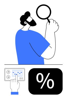 Sakallı adam, bir kontrol paneli ve yüzde işaretinin ayarlarını ayarlayan bir elin yanında büyüteçle bilgi teftişi yapıyor. Analiz, strateji, optimizasyon, finans, yönetim için ideal