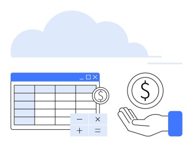 Finansal veri tablosu, el ele tutuşma madeni para, hesap makinesi ve internet bütçesini temsil eden bulut. Finans, muhasebe, teknoloji, bulut hesaplama, veri analizi iş planlaması için ideal
