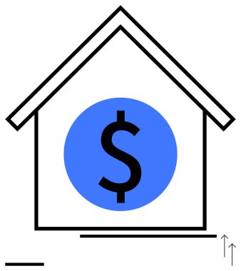 Merkezi dolar sembollü ev taslağı, yukarı doğru yükselen oklar büyümeyi vurguluyor, siyah-mavi minimalist tasarım. Gayrimenkul, yatırım, mali büyüme, gayrimenkul değeri, ekonomi ve iş için ideal
