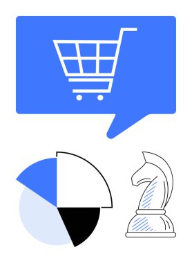 İnternet alışverişi için konuşma balonunda alışveriş arabası veri analizi için pasta grafiği stratejik planlama için şövalye satranç taşı. İş, pazarlama, e-ticaret, analitik ve karar verme için ideal