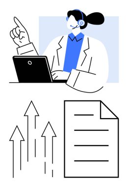 Müşteri hizmetleri uzmanı dizüstü bilgisayar kullanıyor. Büyüme okları ve belgesi ilerleme, öğrenme, liderlik, strateji, iletişim, yönetim, motivasyonu temsil ediyor. Düz basit metafor