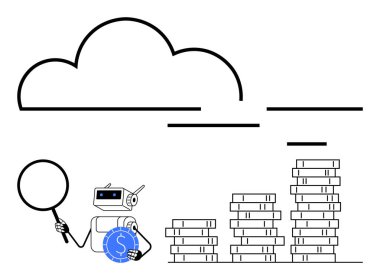 Büyüteci olan robot finansal büyümeyi inceliyor, madeni paralar artarak birikiyor, bulut yukarıda. Yapay zeka, finans, teknolojik yenilik, bulut hesaplama, üretkenlik, analitik dijital ekonomi için ideal