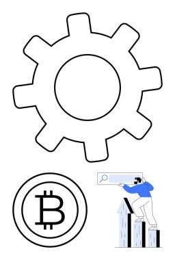 Mühendislik ve süreç için vites, engelleme zinciri ve dijital para için Bitcoin, analiz ve başarı için arama çubuğuyla birey. Teknoloji, finans ve yenilik için ideal
