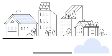 Ağaçlar ve açık alanlarla çevrili güneş panelleriyle donatılmış yerleşim ve ticari binalar. Yenilenebilir enerji, sürdürülebilirlik, kentsel planlama, eko-yaşam, yeşil teknoloji, mimari için ideal
