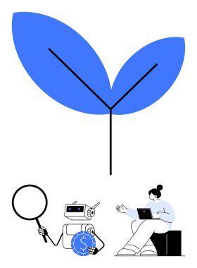 Büyümeyi sembolize eden mavi yaprak, büyüteçle para analiz eden robot, dizüstü bilgisayarda çalışan kadın. Teknoloji, finans, sürdürülebilirlik, yenilik, araştırma ekibi çalışması için ideal. Düz basit
