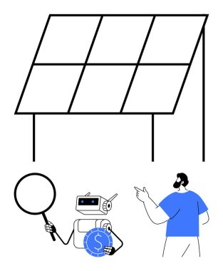 Robotun yanında güneş paneli yapısı büyüteçle finansal kazancı analiz ediyor ve tartışmayı başlatan adamı işaret ediyor. Yenilenebilir enerji için ideal, finans, eko-teknoloji, sürdürülebilirlik için yapay zeka