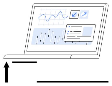 Grafikler, çizelgeler ve analiz paneli olan dizüstü bilgisayar ekranı. Veri analizi, iş anlayışı, pazar eğilimleri, büyüme izleme, teknoloji araçları, finansal takip dairesi için ideal