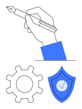 Yaratıcılığı sembolize eden dolma kalem işlevsellik için teçhizat ve güvenlik işaretli kalkan. Yenilik için ideal, yaratıcılık, güvenilirlik, siber güvenlik, işlevsellik, tasarım basit