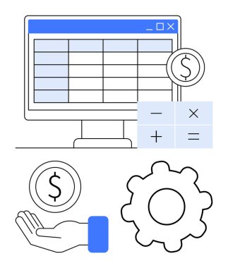 Hesap tablosu, hesap sembolleri, döviz tabelaları, el ele tutuşan para ve vites kutusu olan bilgisayar ekranı. Finans yönetimi, üretkenlik, veri çözümleri, iş stratejisi maliyeti için ideal