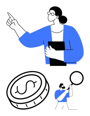 Kendine güvenen profesyoneller dışa dönük, dolar baskılı para finansı simgeler ve büyüteçle adam araştırmayı simgeler. İş, yatırım, liderlik, araştırma ve ekonomi için ideal