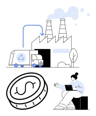 Görünür bir bağlantı sembolü, madeni parayı temsil eden para ve dizüstü bilgisayarı olan bir kadın olan geri dönüşüm kamyonu fabrikada boşaltılıyor. Sürdürülebilirlik, atık yönetimi, dairesel ekonomi ve finans için ideal