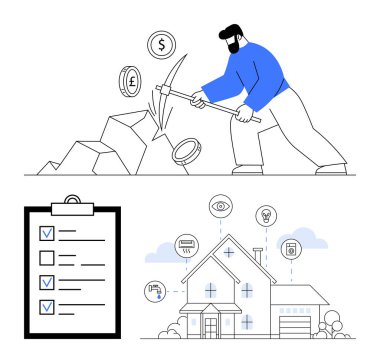 Kazmalı madeni paralar, görev listeleri, bağlantılı ikonlar olan akıllı evler. Finans, görev yönetimi, teknoloji, IOT, ev otomasyonu, başlangıç basit iniş sayfası için ideal