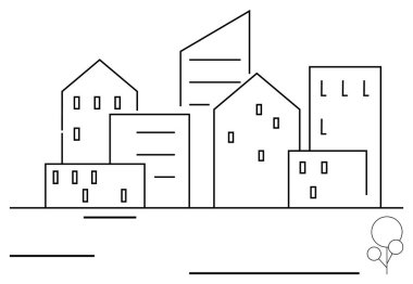 Modern ve geleneksel yapı şekilleri, temiz hatları ve minimalist tarzıyla Geometrik şehir silueti. Kentsel planlama, gayrimenkul, mimari, inşaat, toplum, büyüme dairesi için ideal