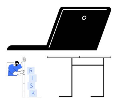Masadaki dizüstü bilgisayar teknolojiyi sembolize ediyor, RISK bloklarını istifleyen kişi analiz ve planlama yapıyor. İş yönetimi, risk stratejisi, yenilik, teknoloji, büyüme, takım çalışması için ideal, basit