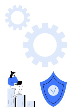 Çubuk grafikte oturan bir kadın dizüstü bilgisayardaki verileri analiz ediyor, işaret işareti olan bir kalkan ikonu, teknoloji ve ilerlemeyi sembolize eden büyük dişli dişliler. Siber güvenlik ve veri analizi için ideal