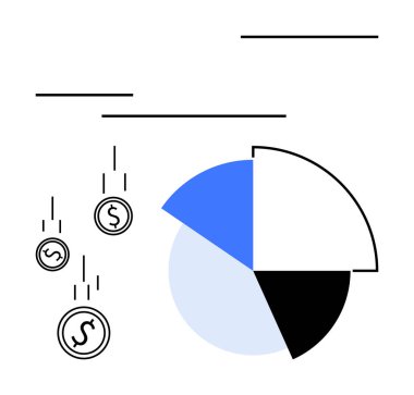 Parasal kazancı, dağılımı veya yatırımı simgeleyen bozuk paralarla tamamlanmış mavi ve siyah segmentli pasta grafiği. Ekonomi, finans, analitik, bütçe, tasarruf ve yatırım için ideal