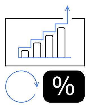 Çubuk grafik ok, yüzde işareti ve aşağıdaki dairesel okla artar. Büyüme, finans, başarı, performans, ilerleme, veri analizi verimliliği için idealdir. Düz basit metafor