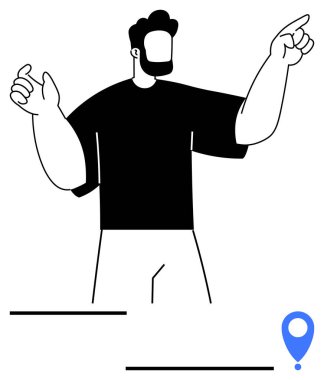 Mavi bir işaret sembolünün yanında el kaldırarak el kol hareketi yapan sakallı bir figür. Navigasyon, seyahat, nokta izleme, lojistik, yön bulma, keşif, basit iniş sayfası için ideal