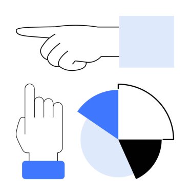 Gösterişli el hareketi, yukarı doğru el hareketi, ve mavi, siyah ve beyaz olarak segmentli pasta grafiği. Navigasyon, analiz, yönlendirme iletişimi strateji verileri için ideal. Düz basit metafor