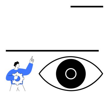 Teçhizatı grafik gözün yanında tutarken yukarı bakan kişi. İş stratejisi, yenilik, vizyon, analitik, takım çalışması, ilham, basit iniş sayfası için ideal