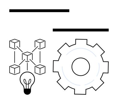 Sistem ve çözümler için bir dişlinin yanında, yenilik ve engelleme zincirini gösteren bağlı engellere sahip ampul. Teknoloji, yenilik, engelleme zinciri, süreç, fikirler, ağ kurmak için ideal, basit