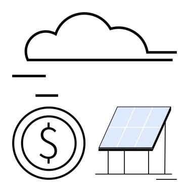 Güneş paneli enerji üretiyor, bulut temiz enerjiyi temsil ediyor ve maddi faydaları gösteren dolar parası. Sürdürülebilirlik, yeşil enerji, temiz teknoloji, yenilik, maliyet tasarrufu için ideal