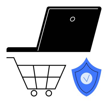 Dizüstü bilgisayar, alışveriş arabası ve güvenlik kartıyla birleştirildi. İşaretli, güvenli online alışverişi simgeliyor. E-ticaret, siber güvenlik, teknoloji, güven, işlemler, fintech, basit iniş için ideal