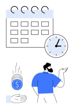 Madeni paralar ve el ile mali yönetim tasvir edilirken takvim ve saati bireysel olarak analiz etmek. Üretkenlik, zaman izleme, bütçe belirleme, planlama, teslim tarihleri, verimlilik, basit