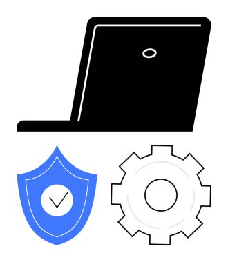 Teçhizatlı dizüstü bilgisayar, ayarları sembolize ediyor ve kalkanında güvenlik işareti var. Teknoloji, sistem güvenliği, yapılandırma, bilişim yönetimi, veri koruması, dijital araçlar için ideal
