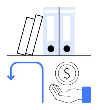 Raflardaki klasörler geri ödeme oku ve nakit taşıma sembollerinin yanında belge, finans ve kurtarma temalarını vurguluyor. Muhasebe, finans, yönetim, işletme, vergi, tasarruf için ideal