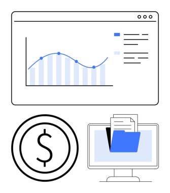 Web arayüzünde yükselen trend çizgisi, daire içinde dolar işareti ve monitörde belge dizini olan grafikler. Finans, analitik, teknoloji, iş büyümesi, veri yönetimi ve organizasyon için ideal