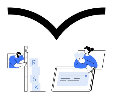 RİSK etiketli blokları cetvel kullanarak istifleyen kişi, bir diğeri tabletin yanında kalp tutan kişi. Strateji, karar verme, risk yönetimi, planlama, analiz, empati, basit iniş sayfası için ideal