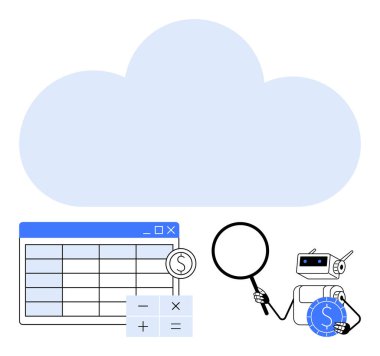 Hesap çizelgesi, hesap makinesi, robot analiz verileri, büyüteç, bulut arkaplanı. Finans, yapay zeka, bulut depolama veri analizi otomasyon siber güvenlik teknolojisi için idealdir. Düz basit metafor