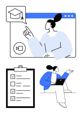 Mezuniyet başlığı simgesi ile görüntülü konuşma yapan bir kadın. Tamamlanmış görevler listesi, dizüstü bilgisayar kullanımı. E-öğrenim, eğitim, kurslar, uzak çalışma, verimlilik, basit iniş planları için ideal