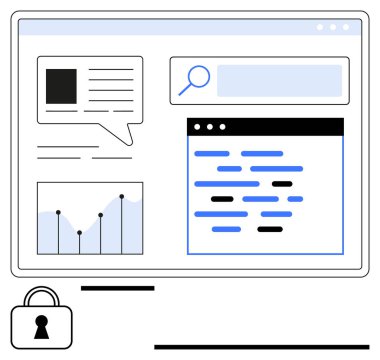 Grafikler, konuşma baloncukları, kod ve kilit sembollü arama çubuğu içeren dijital arayüz. Güvenlik, teknoloji, analitik, veri koruması, web geliştirme kodlama dairesi için ideal
