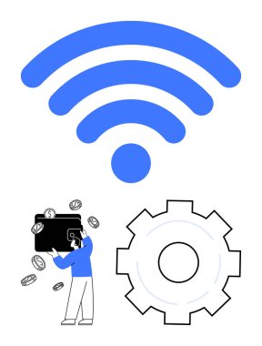 Devasa kablosuz sinyal, bozuk paralarla çevrili dijital cüzdanı olan insan ve teknoloji için vites sembolü. Teknoloji için ideal, finans, yenilik, otomasyon, bağlantı, e-ticaret sade iniş