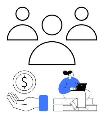 İnsanlar toplumu sembolize ediyor, maddi destek için para tutan bir el, kitapların üzerinde otururken dizüstü bilgisayarda çalışan bir kadın. Eğitim, takım çalışması, finans, teknoloji ve güçlendirme için ideal