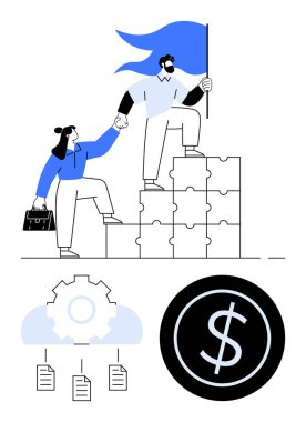 Bulmaca bloklarına tırmanmak için işbirliği yapan iki kişi takım çalışmasını ve liderliği sembolize ediyor. Dosya bağlantıları, iş, işlem ve finans için dolar işareti olan bir vites. Liderlik için ideal