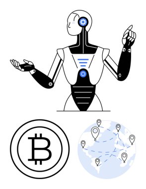 İnsansı robot Bitcoin simgesi ve ağ işaretleyicileri ile birlikte hareket ediyor. Yapay zeka, kripto para birimi, engelleme zinciri, ağ, yenilik, teknoloji, küresel finans için ideal. Düz basit metafor