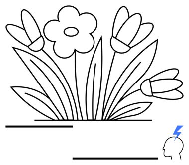 Yaprakları ve çiçekleri olan basit bir çiçek kompozisyonu. Baş simgesinin üzerinde bir yıldırım var. Yaratıcılık, büyüme, farkındalık, doğa, yenilik, ilham veya basit bir iniş sayfası için ideal
