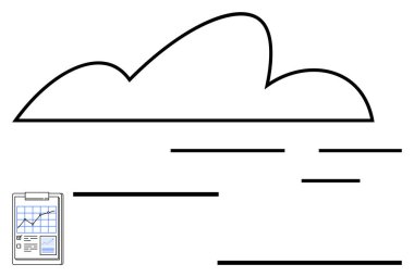 Küçük doğrusal aksanlı bulut tasarımı ve analitik verileri gösteren küçük bir pano. Teknoloji, bulut depolama, veri görselleştirme, analitik, iş, internet, basit iniş sayfası için ideal