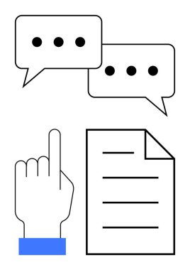 Sohbet için konuşma balonları, etkileşim için parmak gösterme, bilgi paylaşımı için belge. İletişim, tartışma, geri bildirim, işbirliği, eğitim ve mesajlaşma için ideal