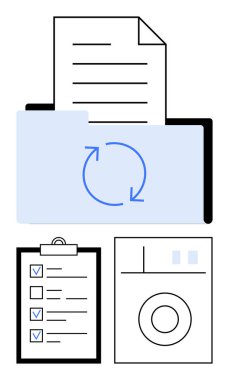 Belgeler senkronize ediliyor, panodaki kontrol listesi ve uygulama arayüzü. Organizasyon, üretkenlik, takım çalışması, iş akışı, veri depolama, bulut hesaplama basit iniş sayfası