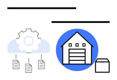 Depo ve deponun yanındaki dokümanlara bağlı bulut teknolojisini sembolize ediyor. Teknoloji, lojistik, dosya yönetimi, depolama, bağlantı ve otomasyon verileri için ideal. Bir daire.