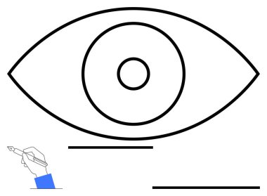 Kalem tutan minimalist bir el, eş merkezli daireler çizen cesur göz şekli. Yaratıcılık, içgörü, görüş, gözlem, odaklanma, dikkat, farkındalık için ideal basit iniş sayfası