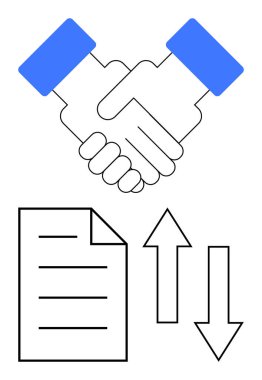 Veri paylaşımını gösteren iki oklu bir belgenin üzerindeki ortaklığı sembolize ediyor. İşbirliği, sözleşme, iş büyümesi, ortaklık, dosya paylaşımı, takım çalışması, müzakere için ideal. Düz