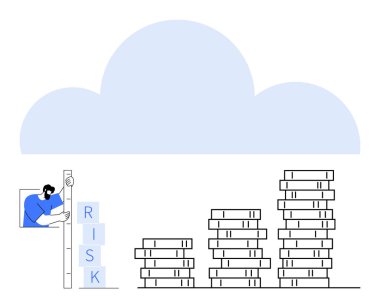 İnsan bulut grafiği altında para birikintilerinin yakınındaki risk bloklarını değerlendiriyor. Finans, risk yönetimi, büyüme stratejisi, yatırım, ekonomi, analitik, basit iniş sayfası için ideal