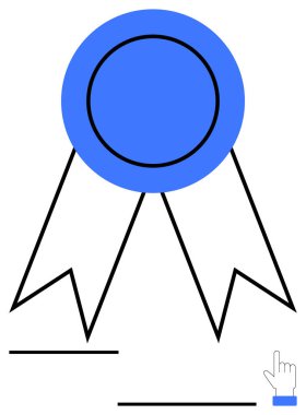 İki kuyruklu dairesel ödül kurdelesi ve işaret eden bir el imleci başarıyı, onuru ve seçimi vurguluyor. Tanınma, ödül sistemleri, kalite güvencesi, seçim, ödül programı için ideal