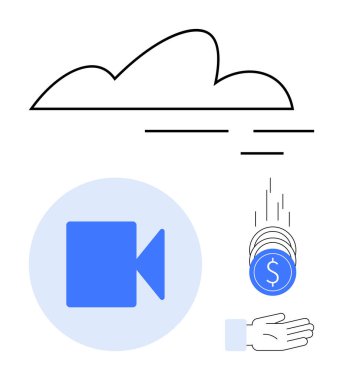 Bulut, akış simgesi, madeni paralar el ele. Bulut hesaplama, video monetizasyonu, veri depolama, içerik oluşturma, dijital araçlar, çevrimiçi basit iniş sayfası için ideal